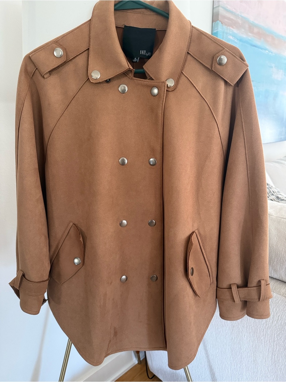 Fate by LFD Women's Double-Breasted Faux Suede Camel Light-Weight Pea Coat